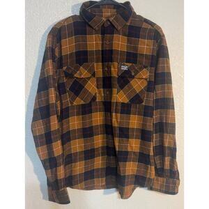 Perry Ellis Men's Flannel Shirt Large Camel Blue Plaid Long Sleeve Casual Fall